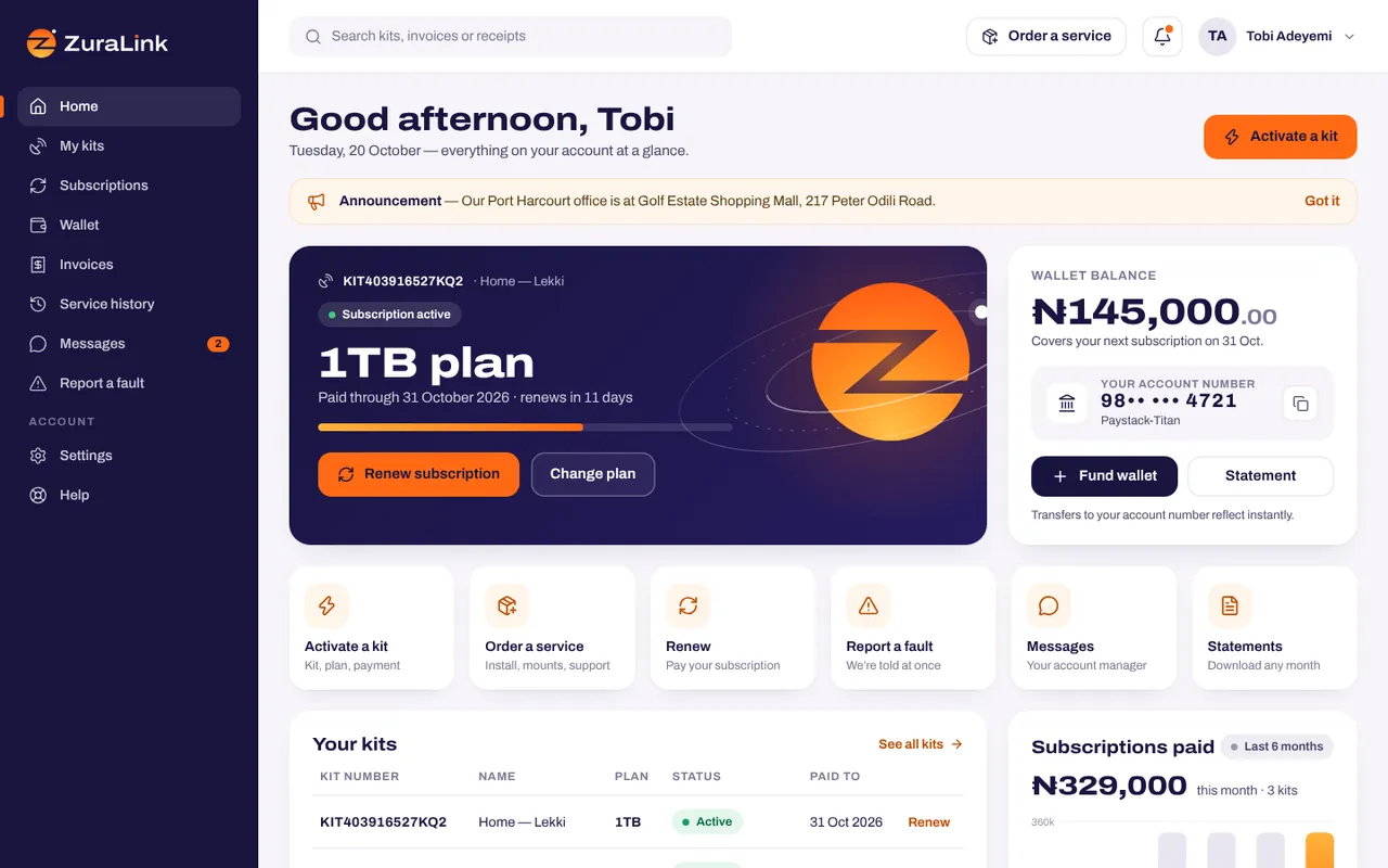 The ZuraLink customer portal on a laptop: kits, wallet and subscriptions