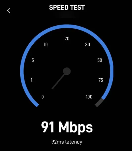 Starlink app speed test showing 91 Mbps after installation