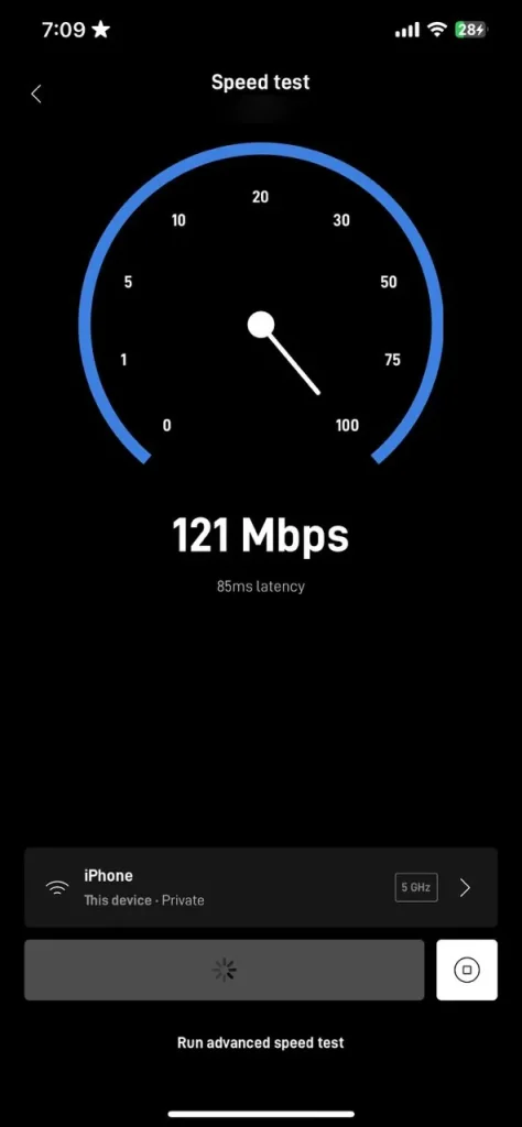 Starlink app speed test showing 121 Mbps