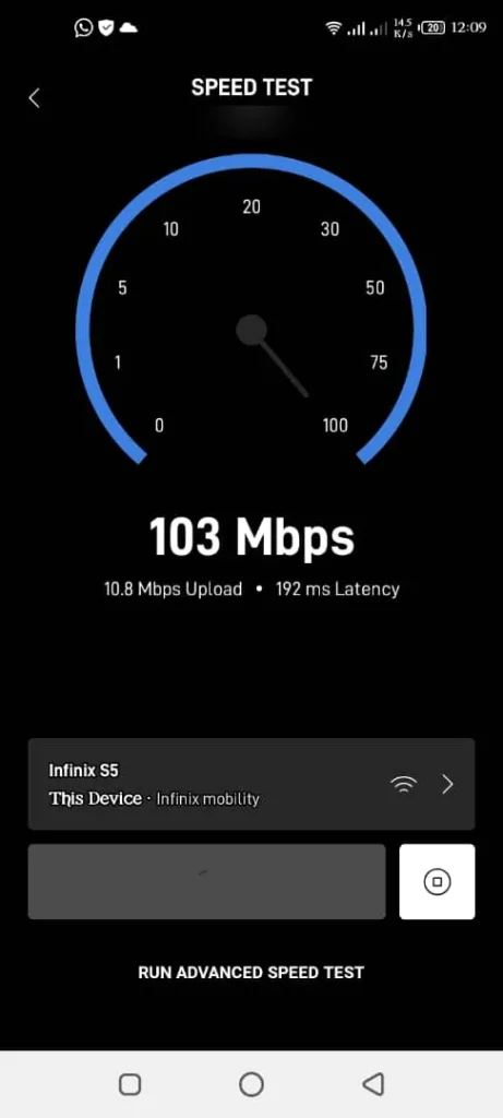 Starlink app speed test on the boat showing 103 Mbps