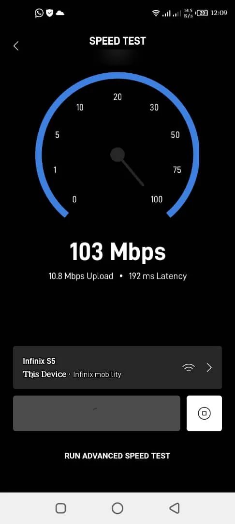 Starlink app speed test on the boat showing 103 Mbps